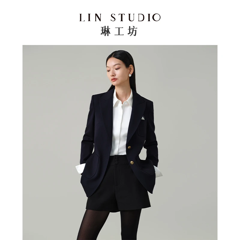 琳工坊“晚鸠”藏蓝色西服气质干练职场通勤显瘦时尚唐琳设计师