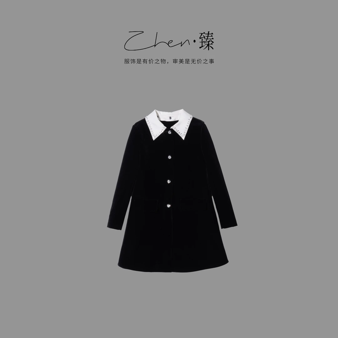 ZHEN.臻 法式轻奢绸缎翻领镶钻加厚外套式真丝丝绒连衣裙LYQ9015Z