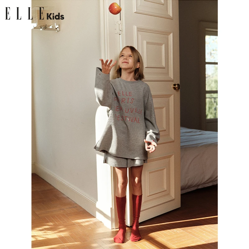 ELLE KIDS撞色字母刺绣套装女童简约春秋华夫格T恤+休闲短裤C3
