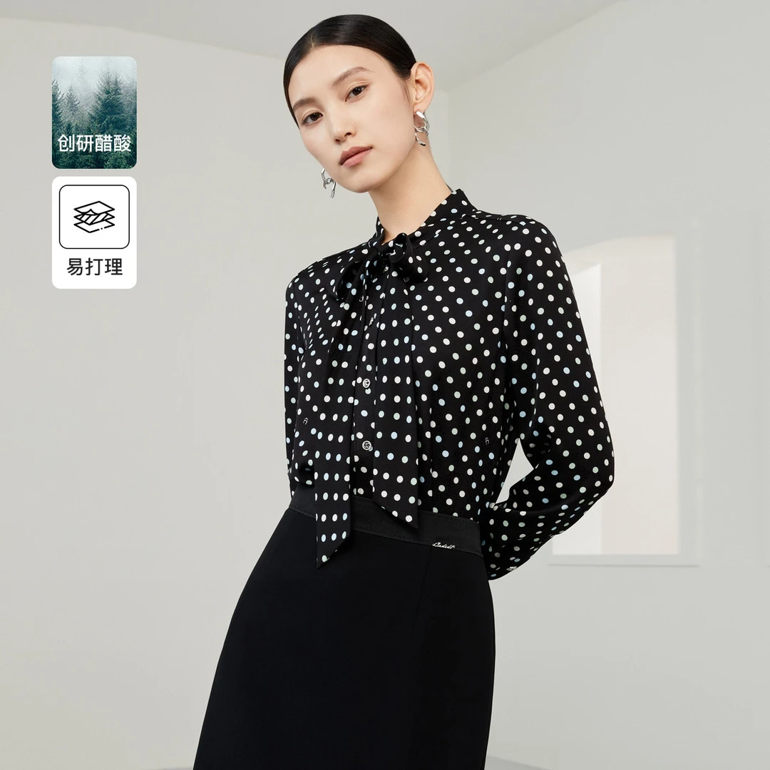 【安雅专属】【复古波点】醋酸系列夏款系带领衬衫