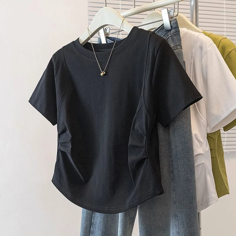 2025新款弹力棉正肩短袖宽松显瘦褶皱T恤短袖女百搭好看上衣女潮