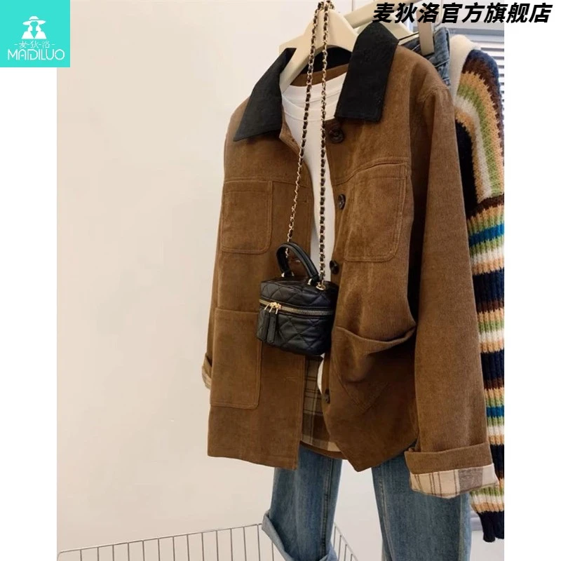 美拉德风穿搭撞色polo领外套女秋冬气质宽松慵懒风质量好夹克大衣