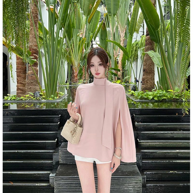 【汉南洞美人】名媛风高级感斗篷外套衬衣女+高腰显瘦短裤女