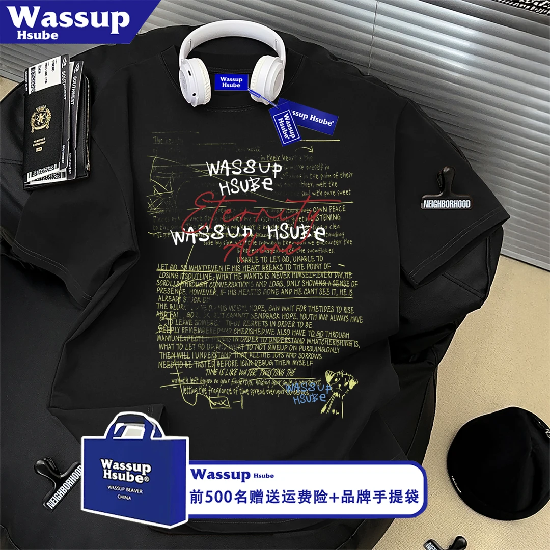 WASSUP HSUBE100%纯棉美式设计感模糊字母印花短袖T恤男百搭上衣