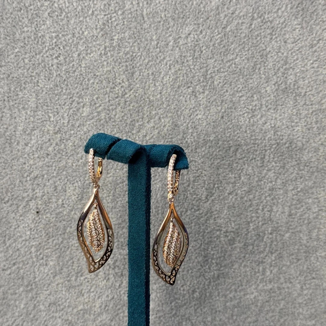 铜合金锆石耳饰 柳叶满钻镂空耳环