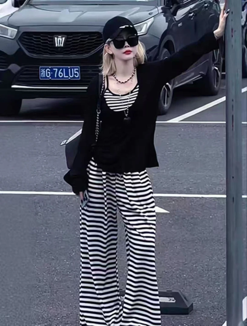 夏季2025新款一整套女装街头辣妹风防晒上衣条纹吊带阔腿裤三件套