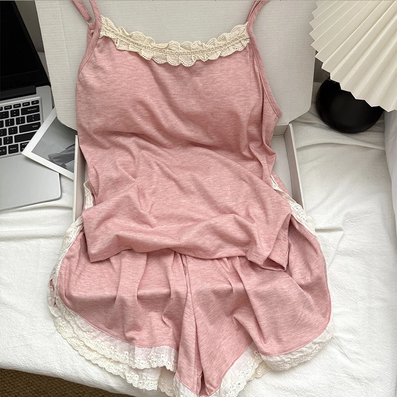 吊带睡衣女款夏季彩棉韩版新款性感带胸垫运动花边短裤粉色两件套