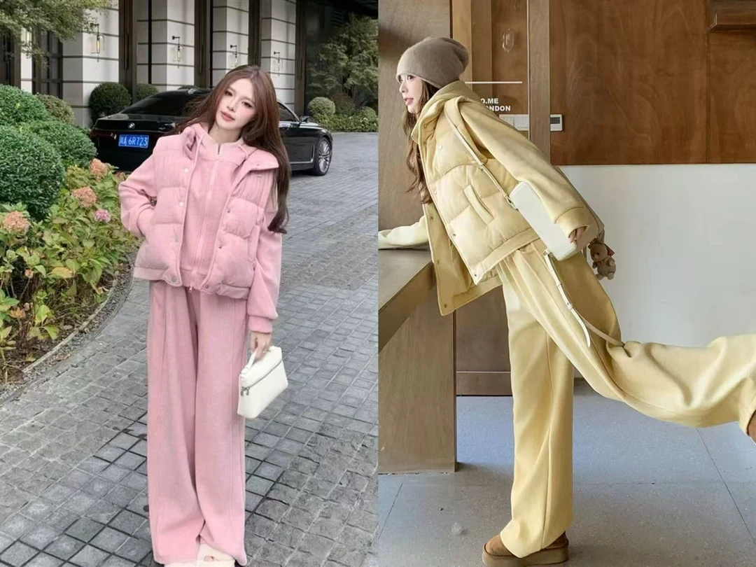 时尚套装冬季网红洋气保暖秋冬轻薄百搭加厚棉服套装三件套