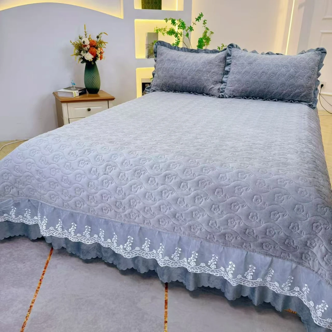 秋冬新款【爱丽丝系列】蕾丝花边婴儿宝宝绒纯色单床盖-F