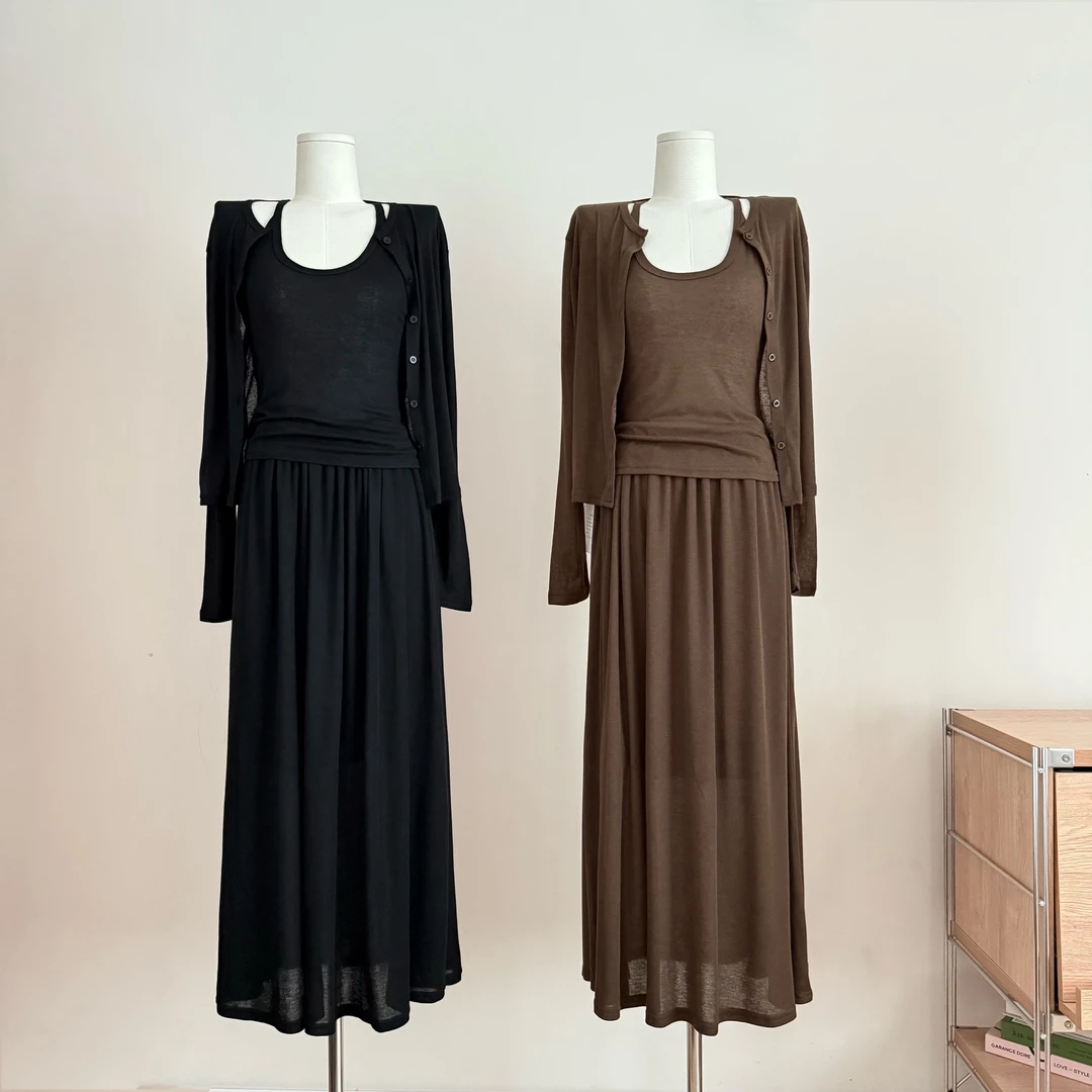 天丝针织开衫套装女早秋背心半裙三件套