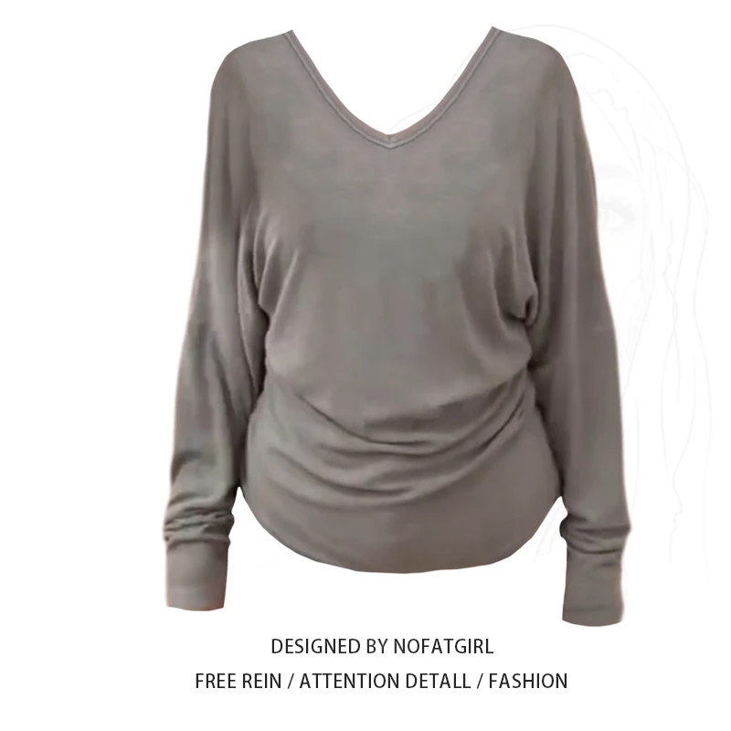 大码胖mm韩系V领褶皱收腰灰色打底衫女春季新款遮肉显瘦长袖上衣
