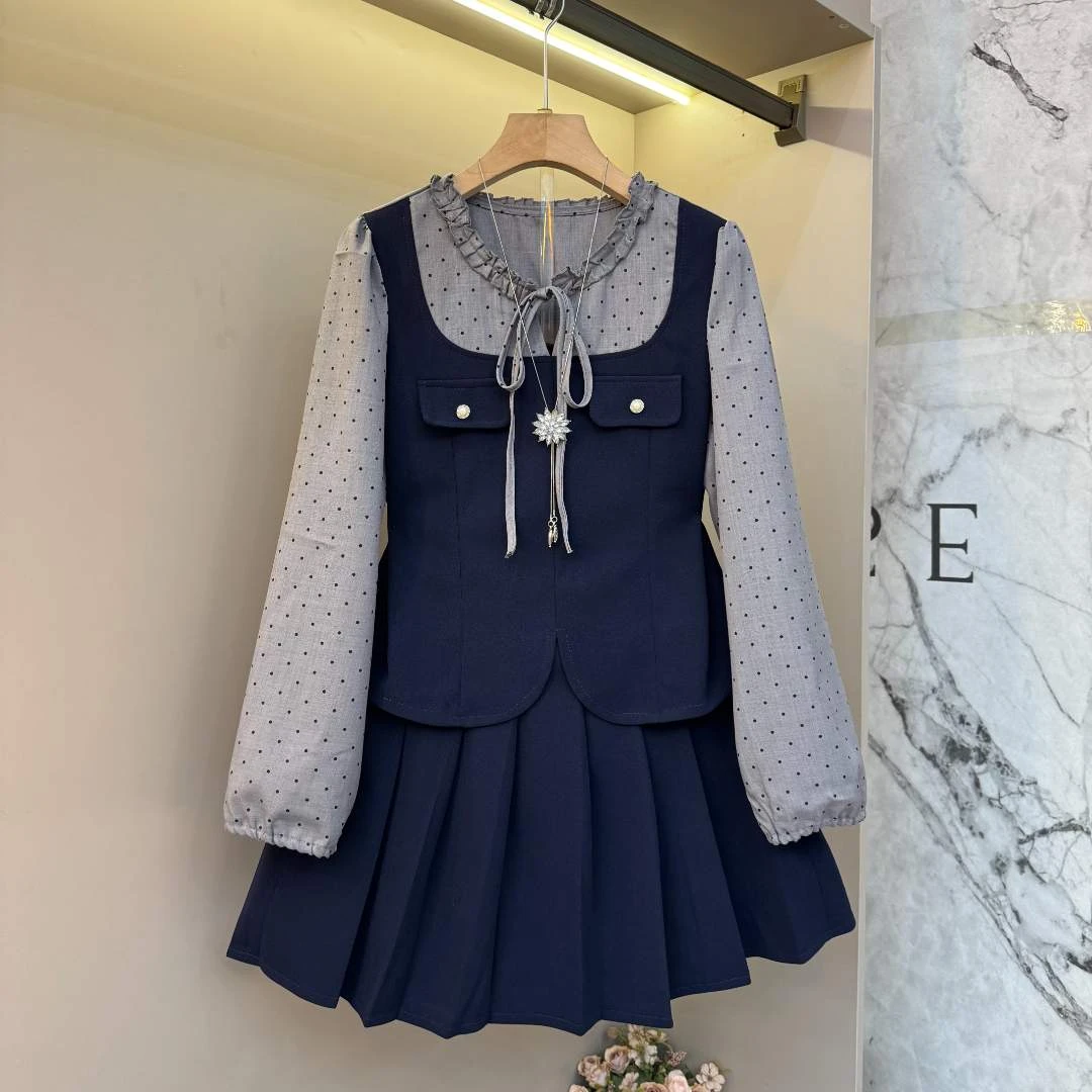 2025秋新款韩系高级感波点上衣+裙子时尚显瘦设计感两件套1957