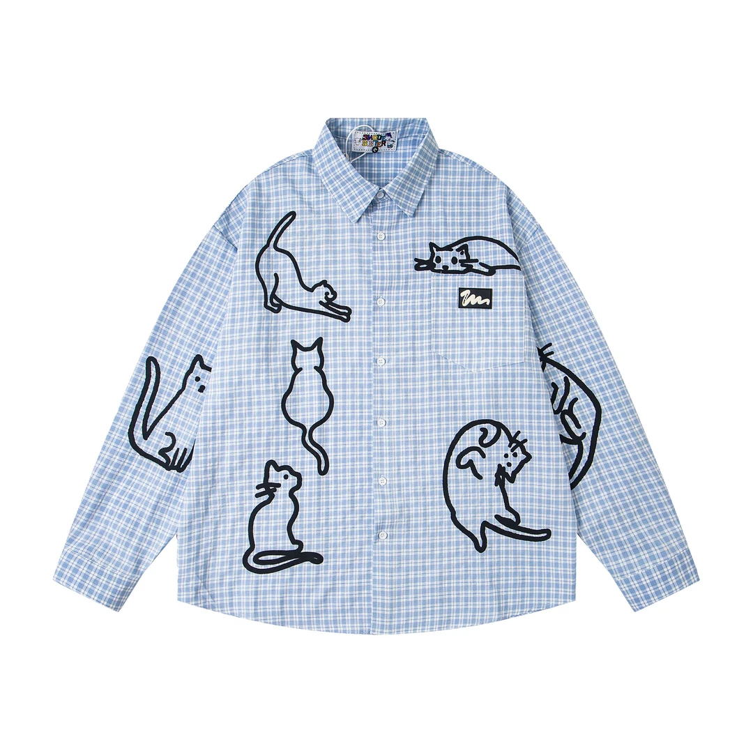 美式复古手绘猫咪涂鸦印花蓝色格纹长袖衬衫男女宽松休闲情侣衬衣