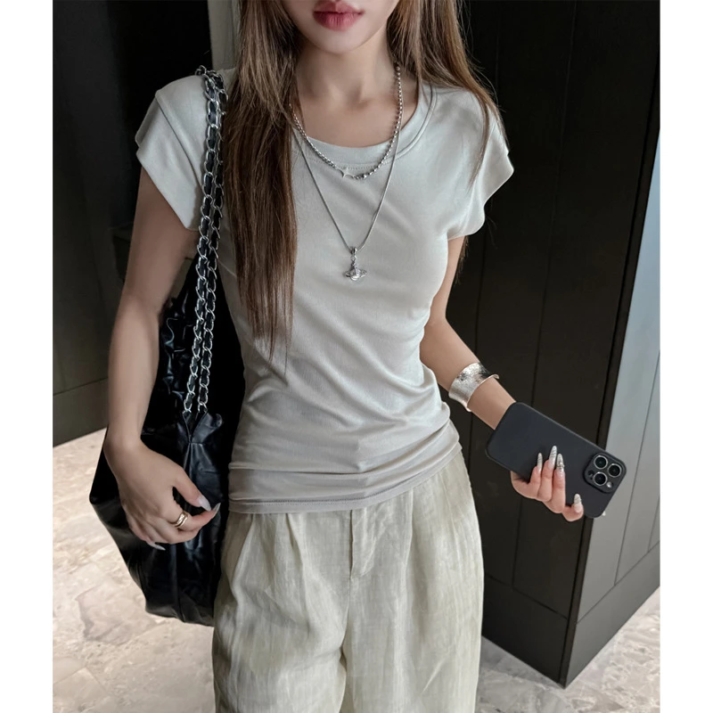 天丝莱赛尔设计感正肩小飞袖短袖t恤女显肩宽夏季外穿显瘦打底衫