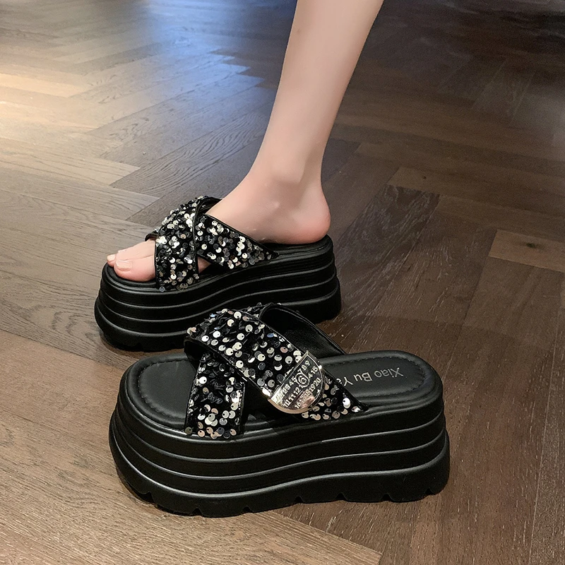 欧洲站亮片厚底拖鞋女夏季外穿2025新款小个子增高松糕防滑凉拖鞋