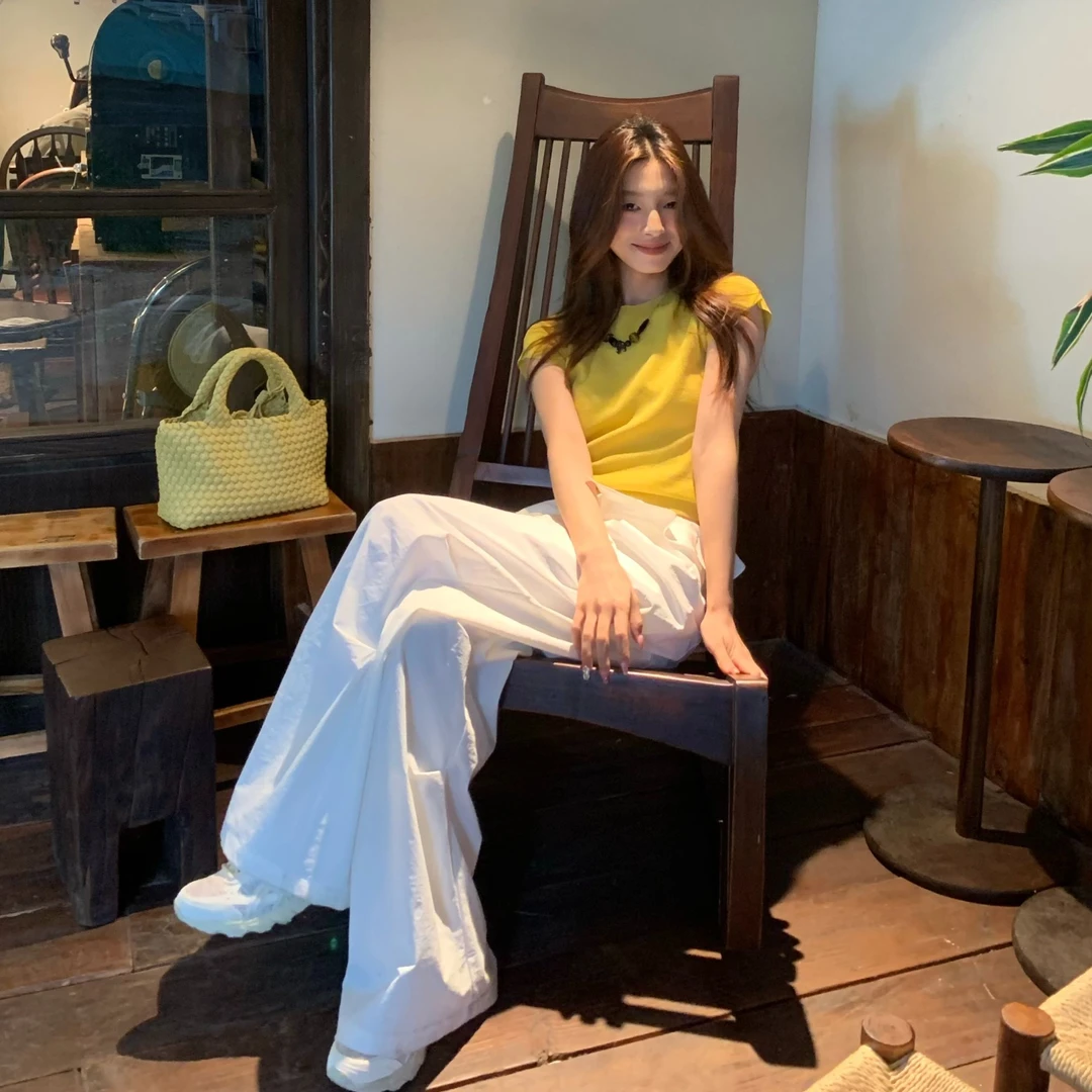 林小野 修身绑带针织上衣2025春夏正肩显瘦短袖T