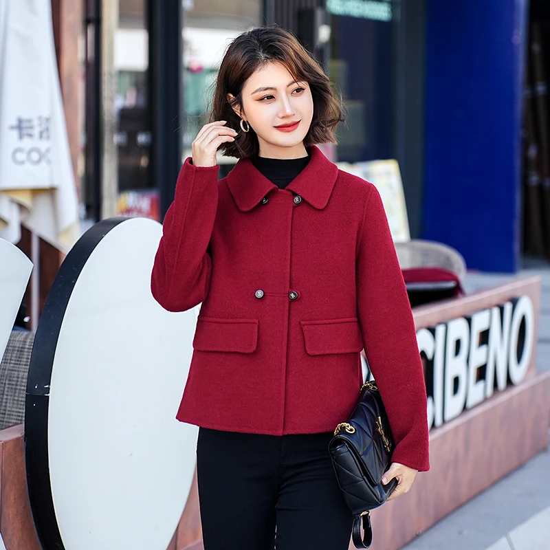 洋气妈妈秋冬羊毛呢子外套短款红色中老年女喜婆婆喜庆双面呢大衣