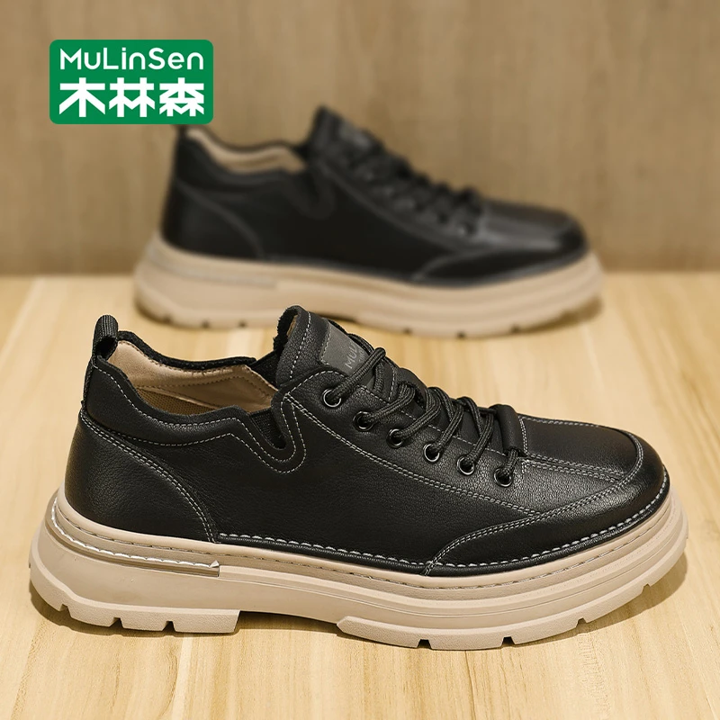 木林森男休闲皮鞋秋季2025新款工作厚底板鞋英伦男鞋工装马丁潮鞋