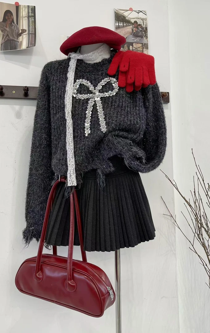 杨杨 时尚亮片蝴蝶结毛衣J2272