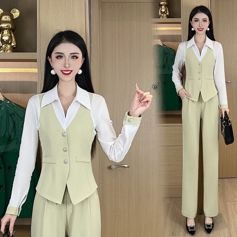 2025春季女款韩版上衣假两件长袖衬衫时尚休闲洋气女士套装#YF33