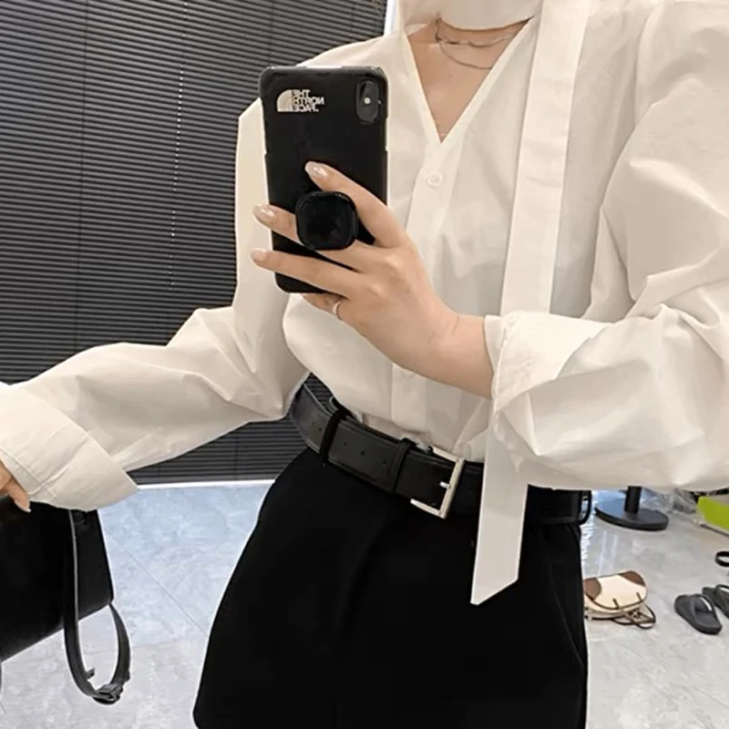 法式挂脖飘带v领白色长袖衬衫女打底高级感宽松显瘦气质上衣 9216