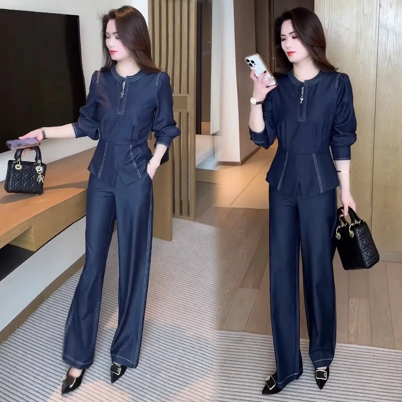 时尚牛仔套装女2025春季新款时髦洋气显瘦收腰上衣阔腿裤两件套潮