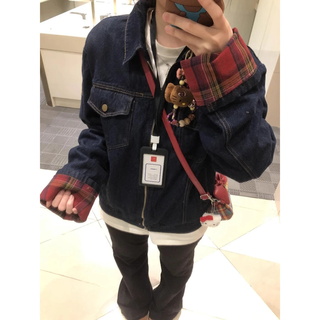 美式复古格子拼接牛仔外套女2025春夏季新款宽松百搭休闲夹克上衣