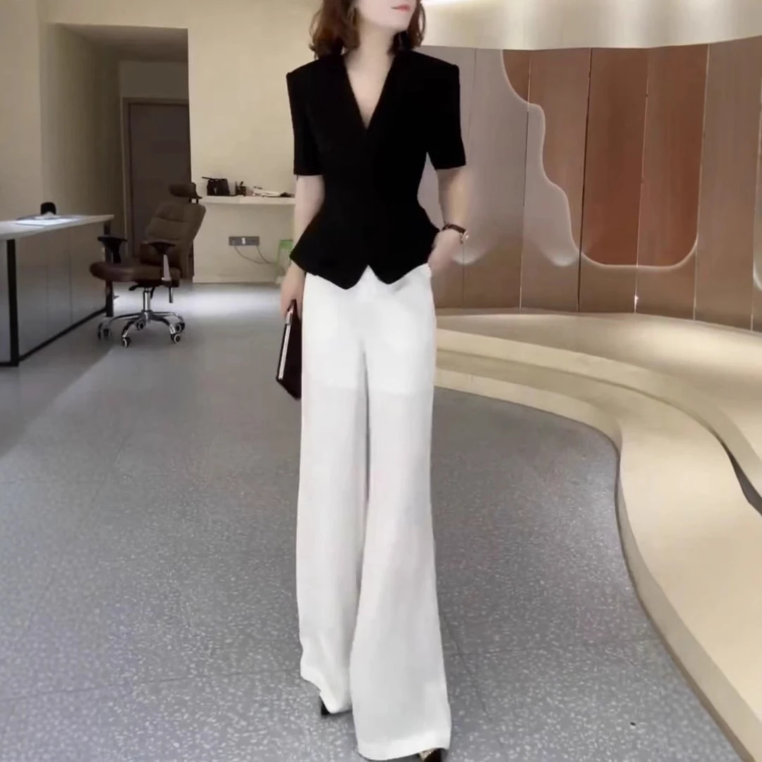 0夏季新款高级感收腰休闲上衣高腰直筒长裤显瘦女套装轻奢气质