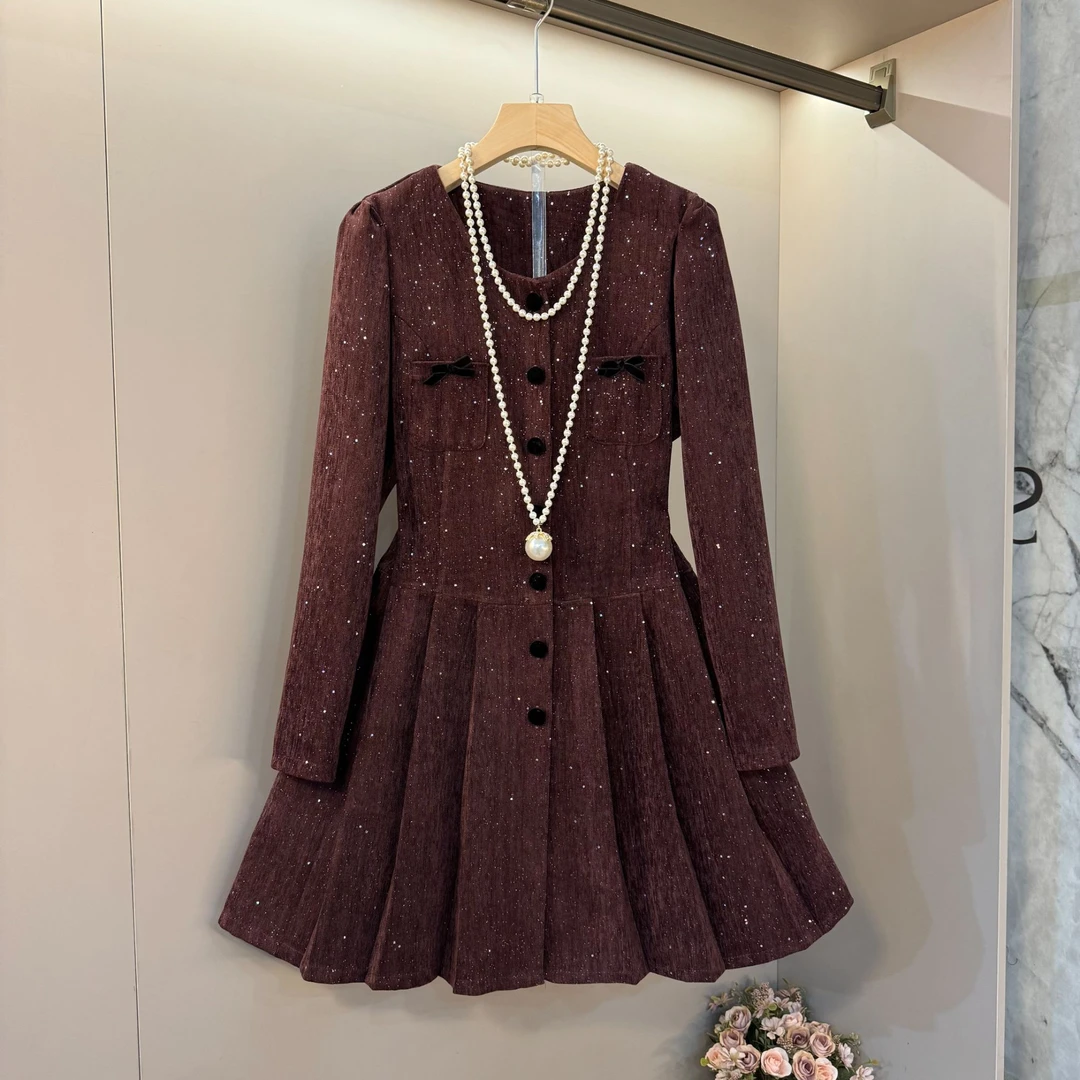 时尚百褶设计漫天星百搭中长款微胖减龄显瘦连衣裙（衣长88）6200