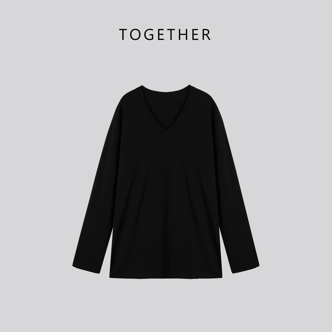 【Together】 秋季V领长袖T恤净版百搭上衣#1808-1