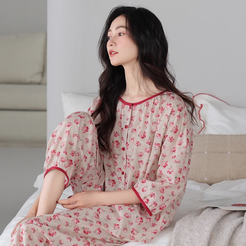 睡衣女款爆款2025新款夏季七分袖长裤春秋纯棉外出可穿家居服流行