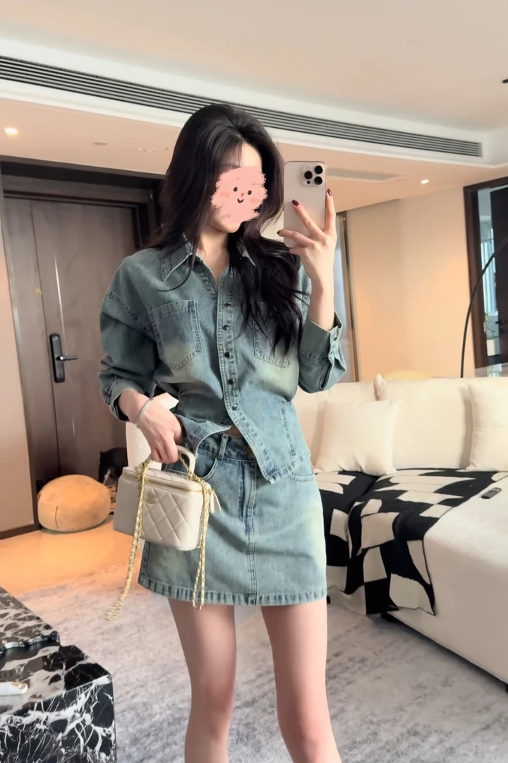 复古港风宽松牛仔衬衫高腰显瘦半身裙裤时尚套装春秋季新款两件套