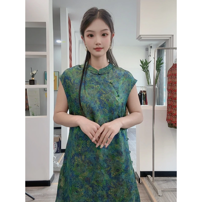 246夏季无袖斜襟奥黛中长款上衣立领新中式改良旗袍裙