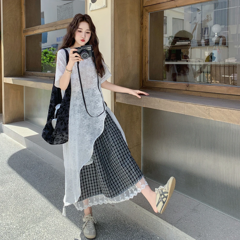 浪漫风时尚套装夏季显瘦遮肉多巴胺蕾丝短袖格子半身裙设计套装裙