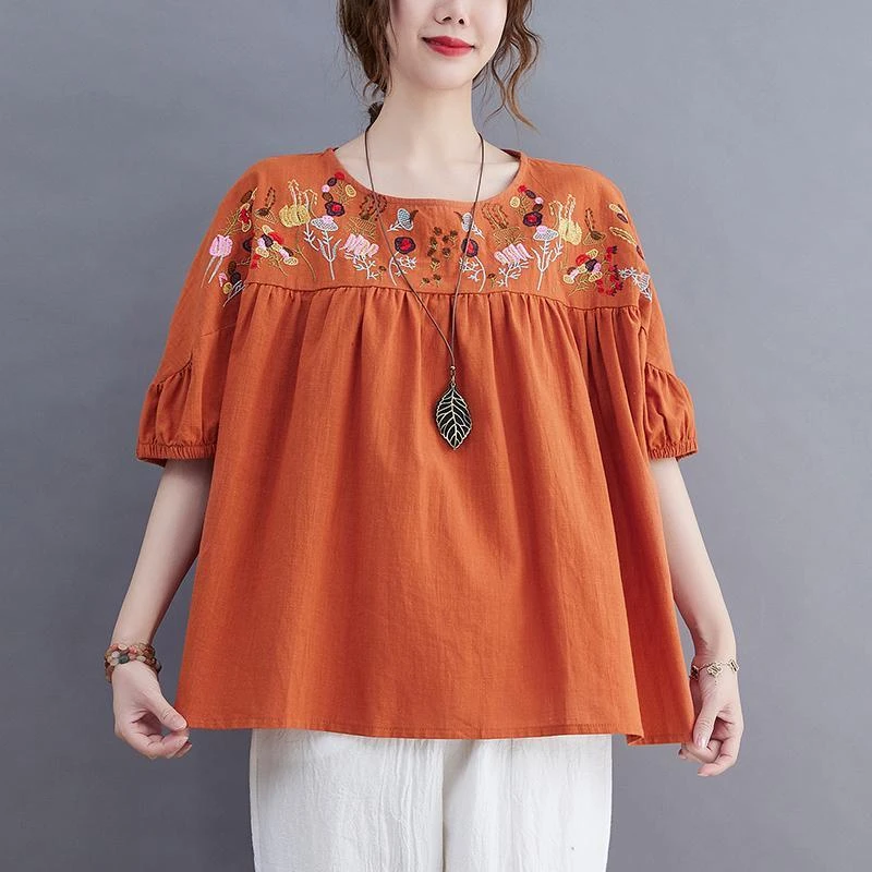 【现货+退换包邮】文艺复古刺绣常规款五分袖绣花大码女装圆领336