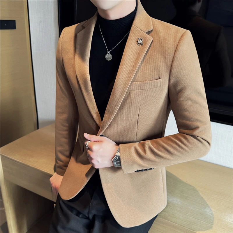 男士暗条纹毛呢西装外套冬厚款韩版帅气高级感呢子单西服上衣休闲