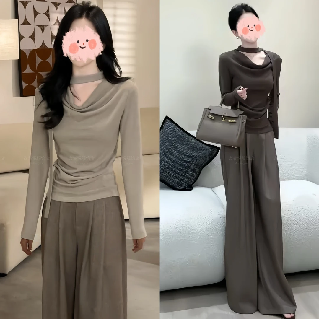 2025秋冬新款设计感荡领飘带长袖打底衫上衣垂感百搭阔腿裤套装女