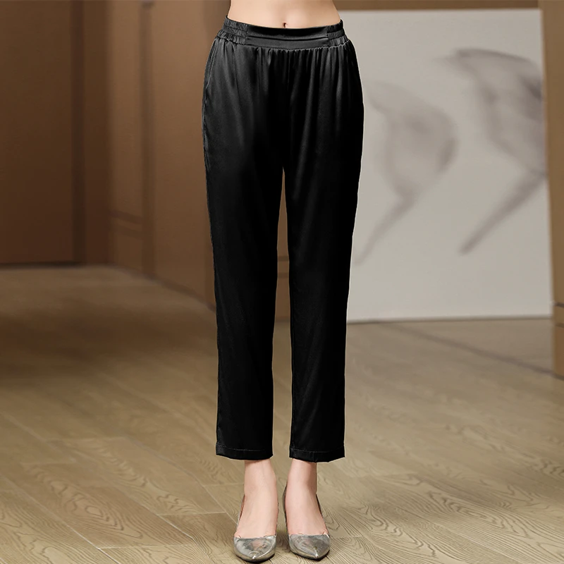 珂影依重磅真丝休闲裤子女夏新款黑色直筒裤松紧腰哈伦裤九分裤