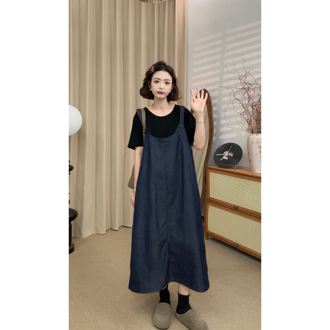 【张小九】高品质假两件薄款牛仔拼接中长款百搭连衣裙女Z1953