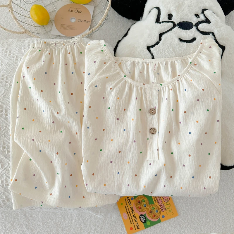 可爱波点云朵棉睡衣女夏季短袖薄款甜美清新圆领套头家居服套装夏
