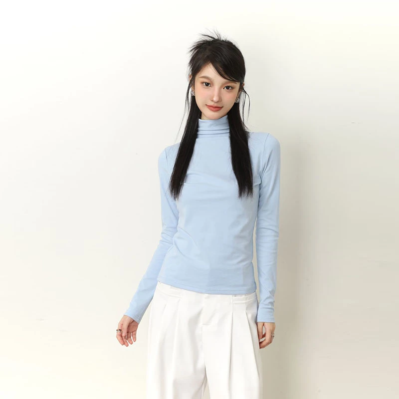 洋气减龄半高领长袖t恤女春秋季小个子叠穿内搭修身显瘦打底上衣