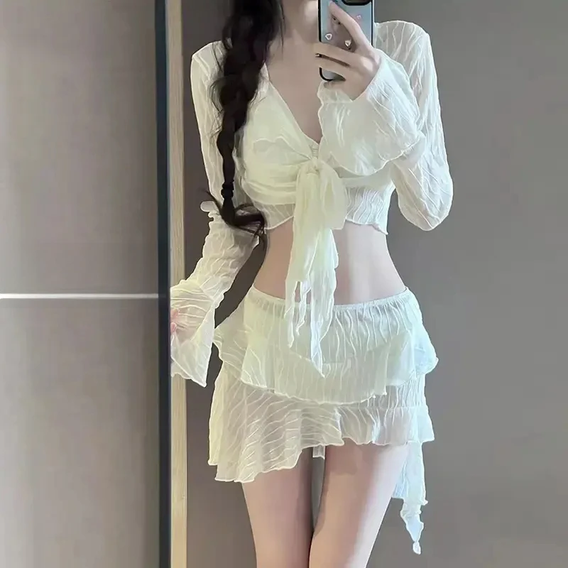 比基尼泳衣女款分体四件套长袖纯色甜美温泉泳衣专业时尚简约保守