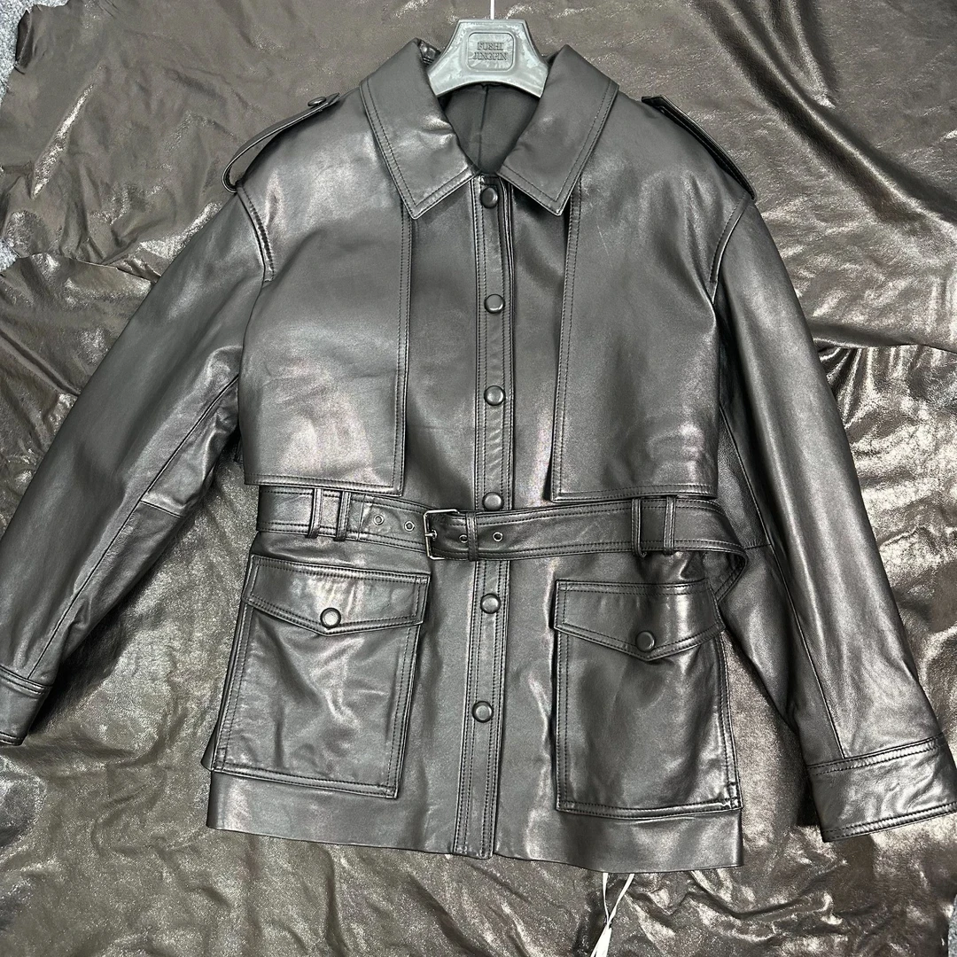 英国进口植鞣真皮绵羊皮显瘦百搭气质女装风衣收腰外套时尚休闲