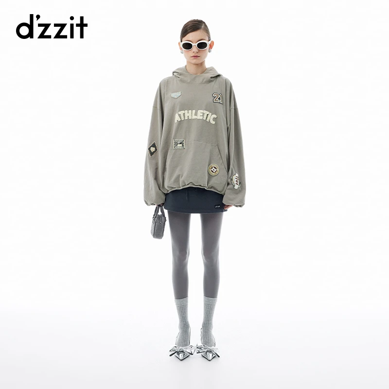 dzzit地素卫衣春秋休闲贴布绣装饰宽松长袖云朵型上衣女3I3J103