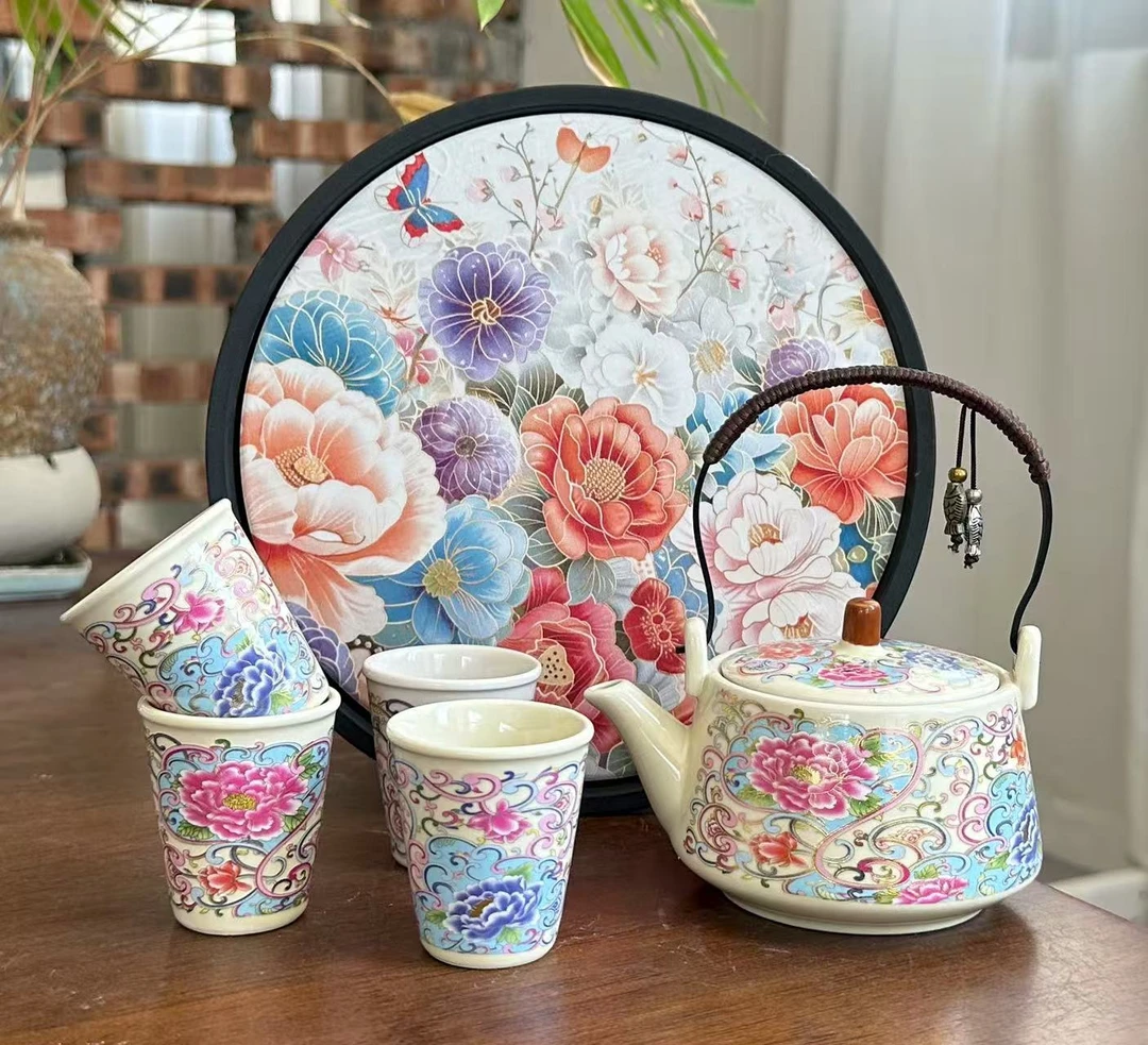 秋香茶具 繁花似锦牡丹提梁壶一壶四杯+盘（无礼盒）小套装-3138