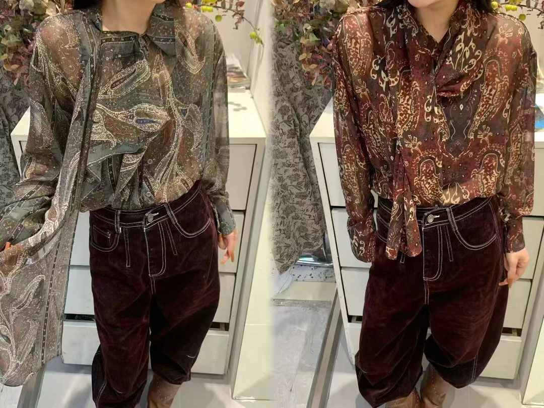 菲菲fay 2025新款时尚气质印花宽松版长袖衬衫