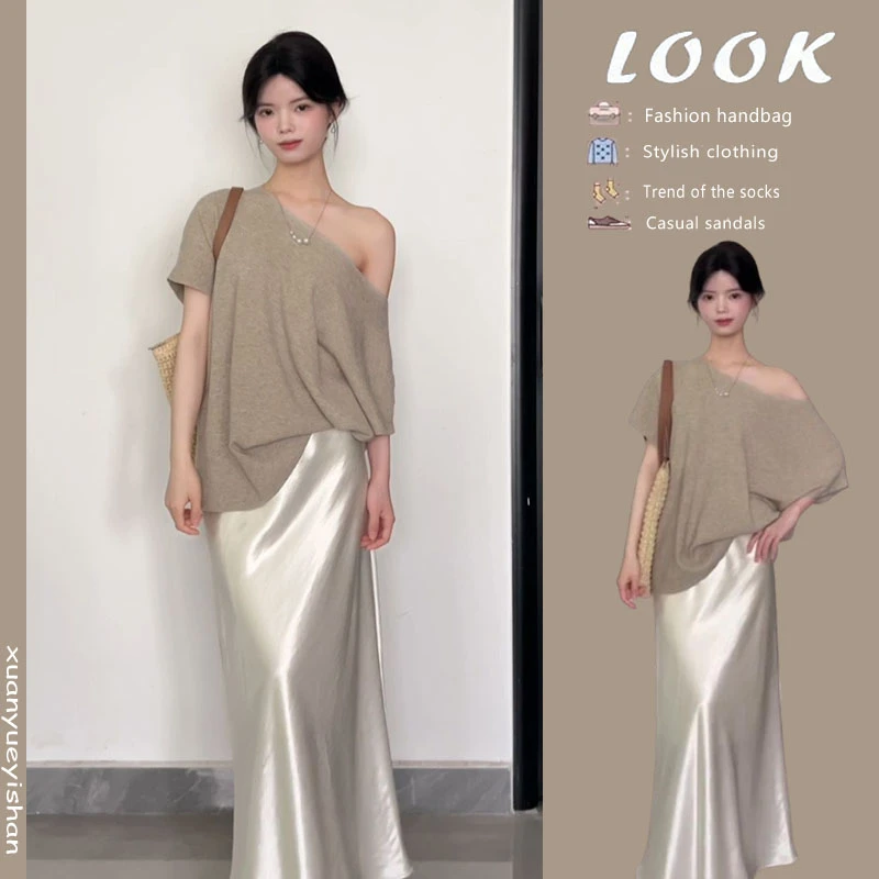 今年流行一整套2025夏季韩系名媛宽松露肩上衣高级感半身裙两件套