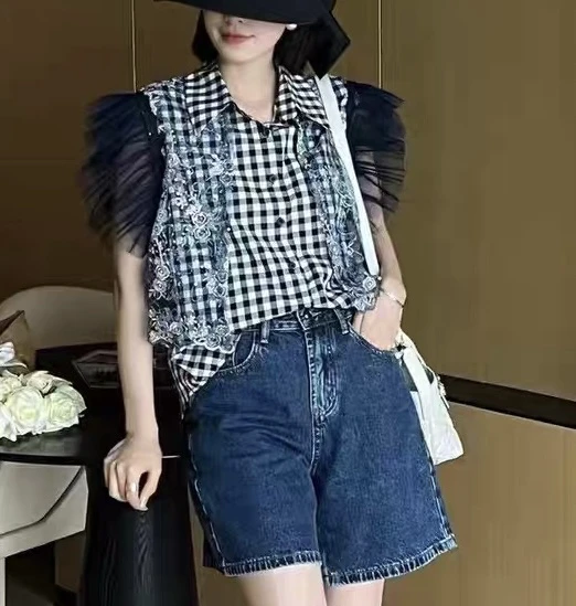 夏季新款站设计感无袖格子蕾丝拼接网纱宽松衬衫女