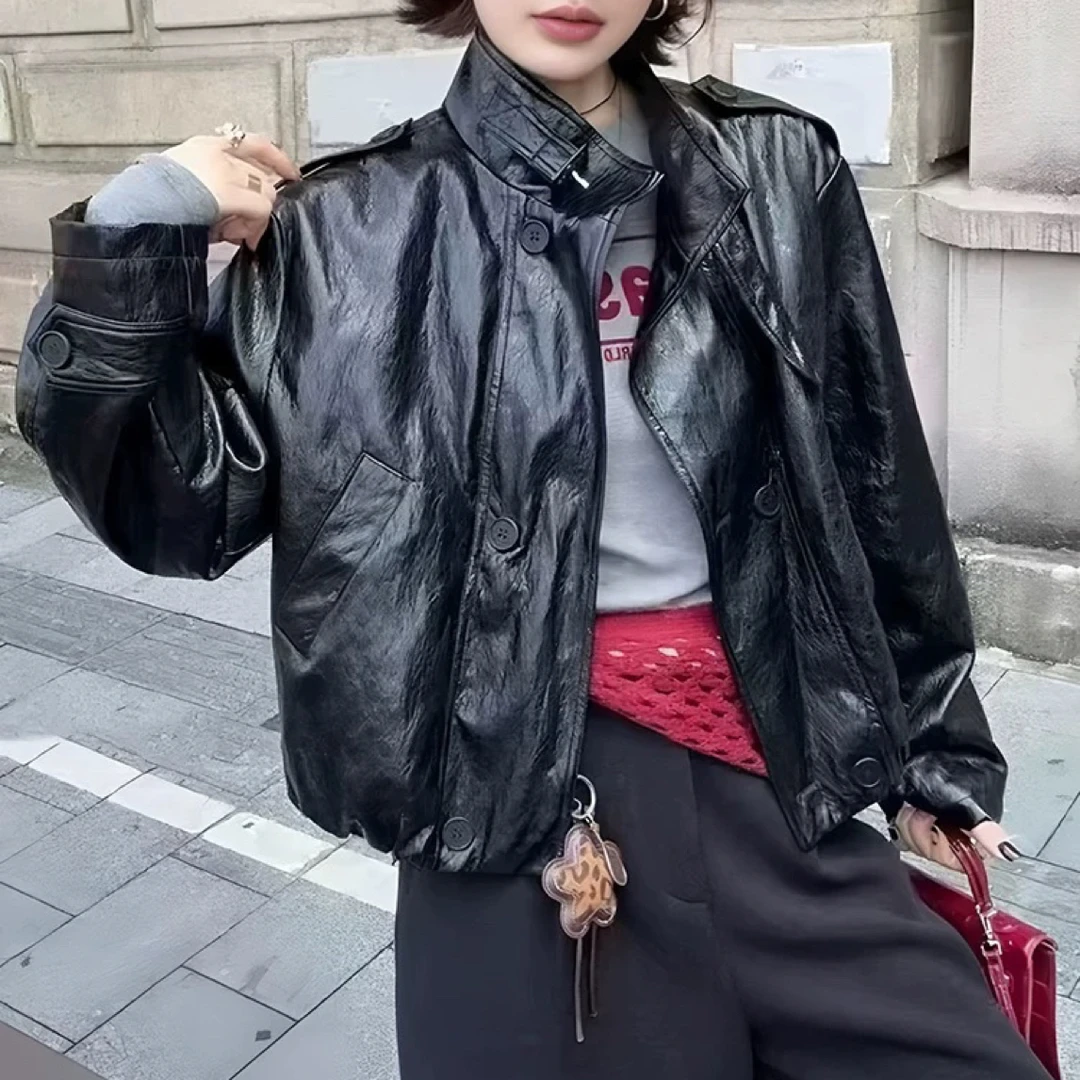 AIT花姐 时尚立领短款皮衣