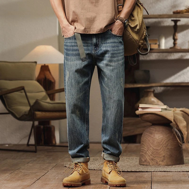 【娜先生】12.5盎司初春新款经典复古磨毛破坏微收脚牛仔裤